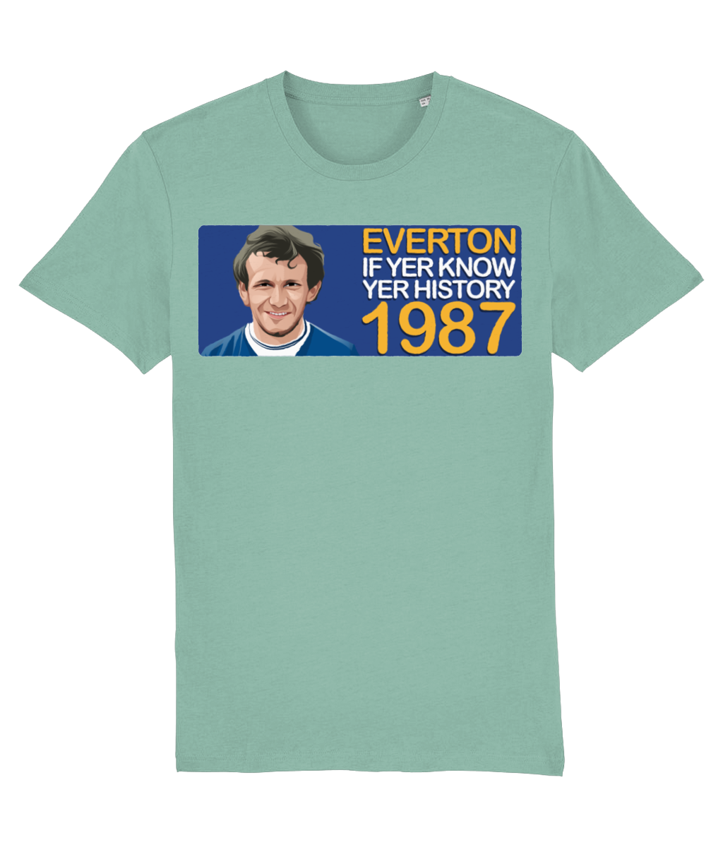 Everton 1987 Peter Reid If Yer Know Yer History Unisex T-Shirt Stanley/Stella Retrotext Mid Heather Green XX-Small 