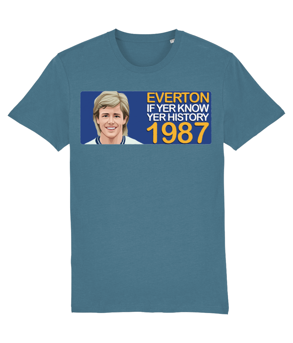 Everton 1987 Adrian Heath If Yer Know Yer History Unisex T-Shirt Stanley/Stella Retrotext Stargazer X-Small 