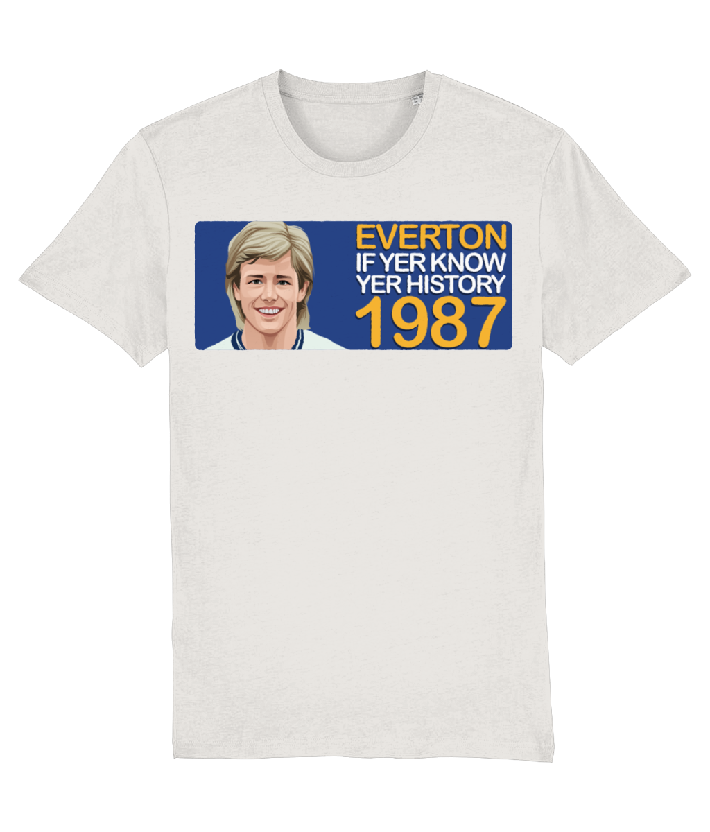 Everton 1987 Adrian Heath If Yer Know Yer History Unisex T-Shirt Stanley/Stella Retrotext Vintage White XX-Small 