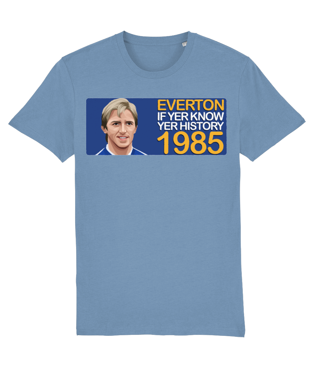 Everton 1985 Gary Stevens If Yer Know Yer History Unisex T-Shirt Stanley/Stella Retrotext Mid Heather Blue XX-Small 