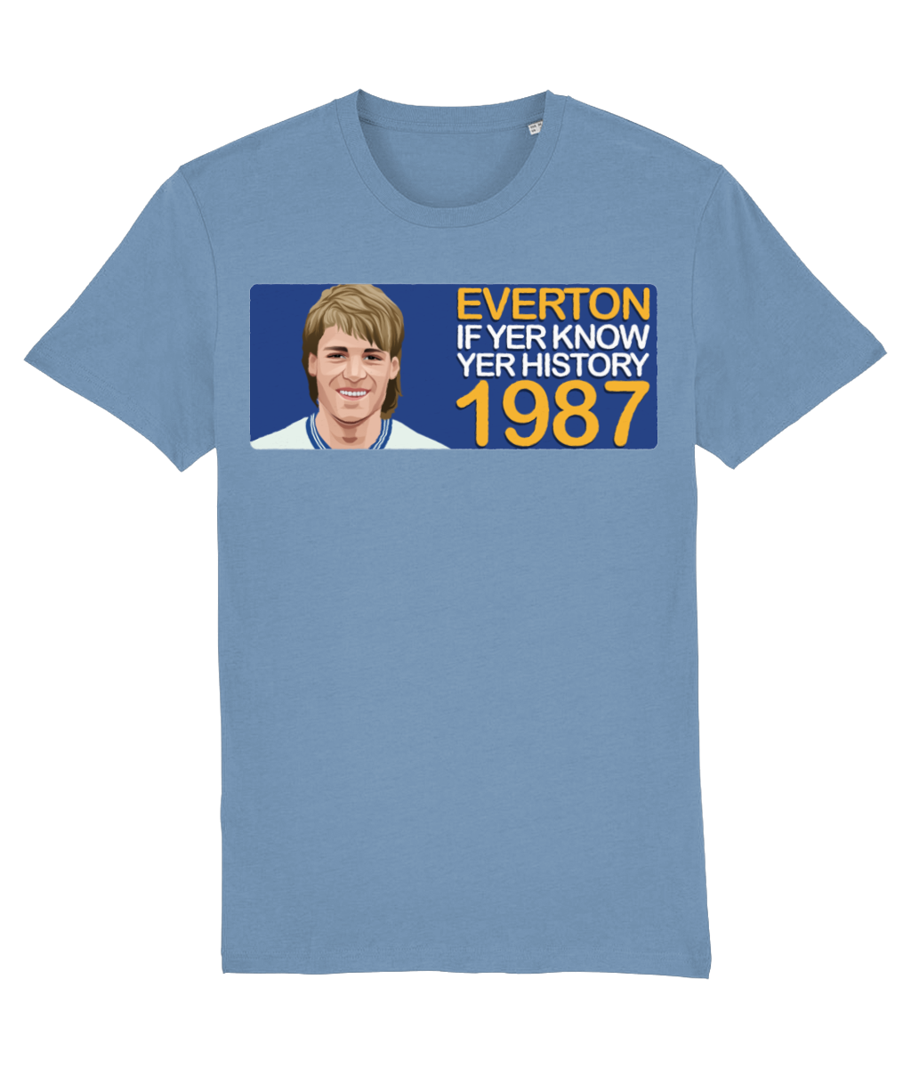 Everton 1987 Pat van den Hauwe If Yer Know Yer History Unisex T-Shirt Stanley/Stella Retrotext Mid Heather Blue XX-Small 