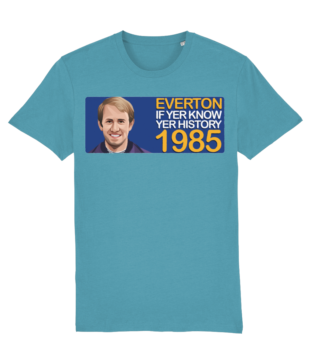 Everton 1985 Howard Kendall If Yer Know Yer History Unisex T-Shirt Stanley/Stella Retrotext Atlantic Blue XX-Small 