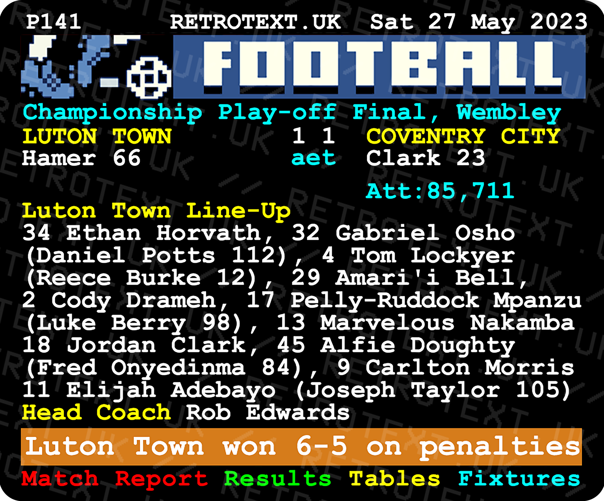 Luton Town 2023 Championship Playoff Winners Teletext Mug Ceramic 11oz mug Retrotext   