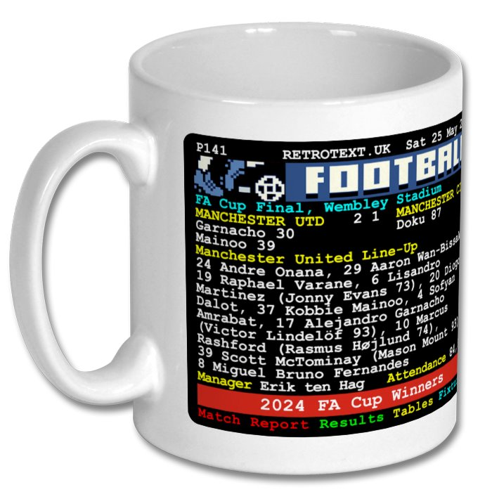 Manchester United 2024 FA Cup Winners Teletext Mug Ceramic 11oz mug Retrotext   