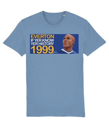 Everton 1999 Kevin Campbell If Yer Know Yer History Unisex T-Shirt Stanley/Stella Retrotext Mid Heather Blue XX-Small 