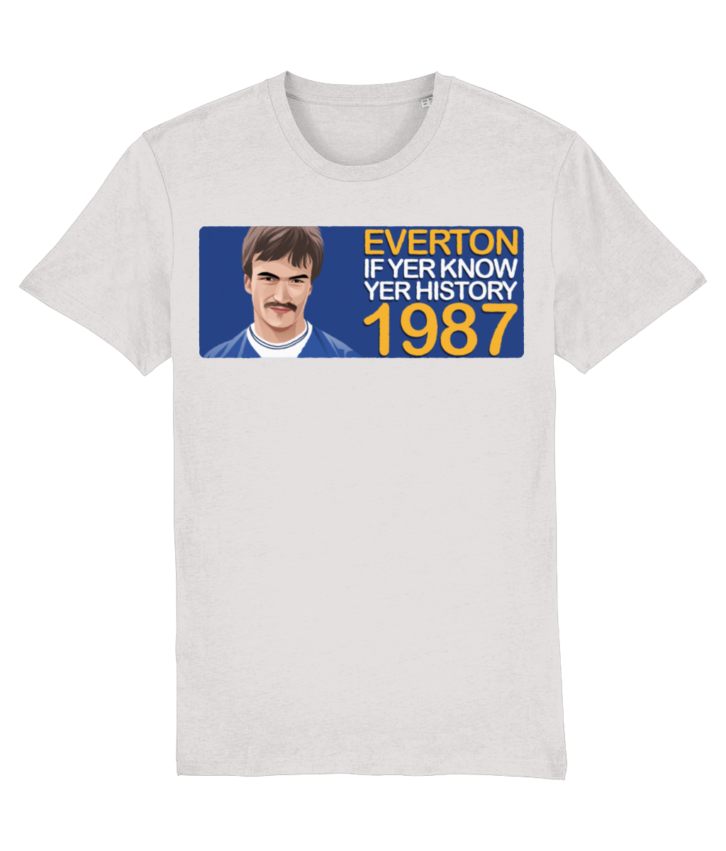 Everton 1987 Derek Mountfield If Yer Know Yer History Unisex T-Shirt Stanley/Stella Retrotext Cream Heather Grey XX-Small 