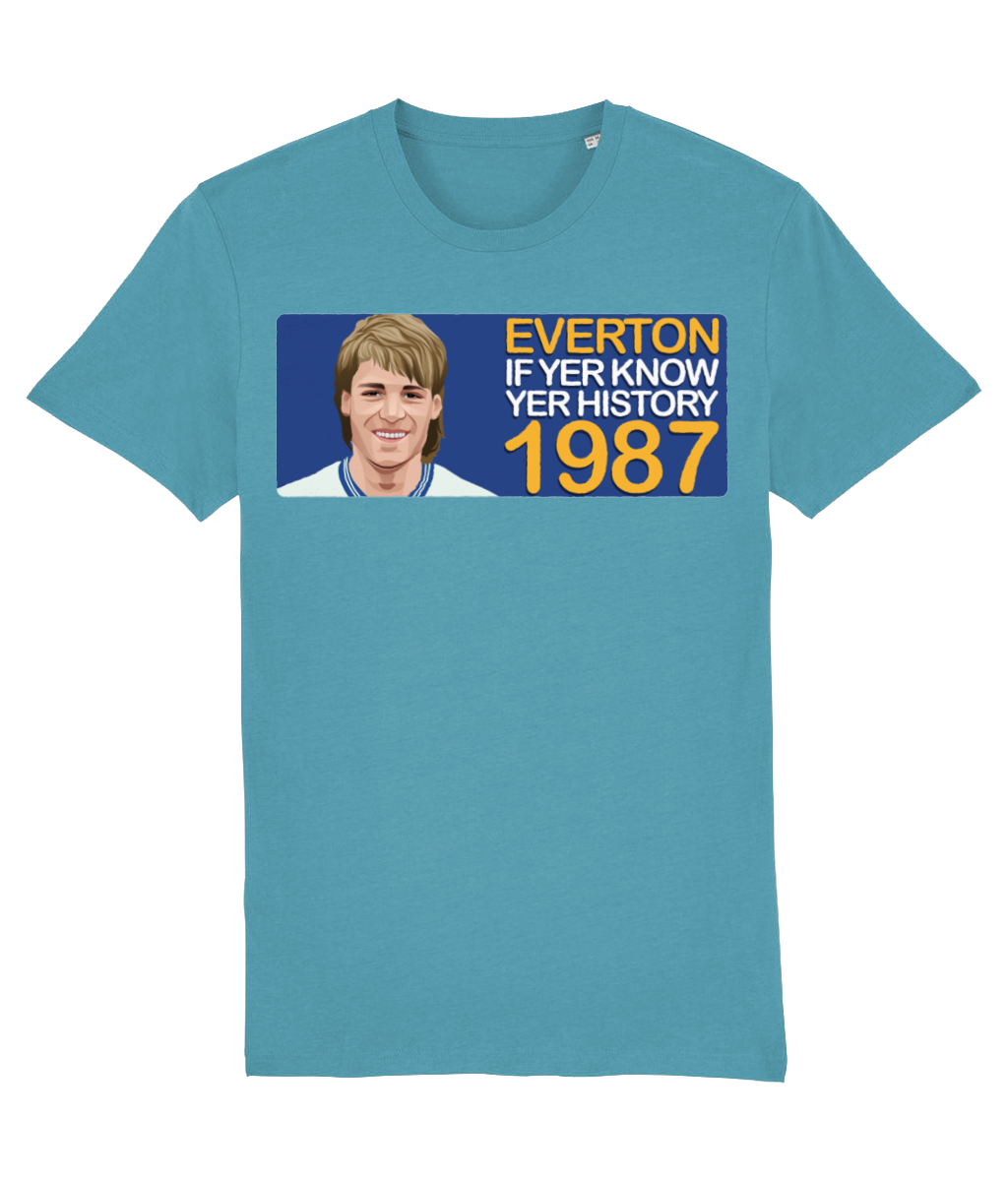 Everton 1987 Pat van den Hauwe If Yer Know Yer History Unisex T-Shirt Stanley/Stella Retrotext Atlantic Blue XX-Small 