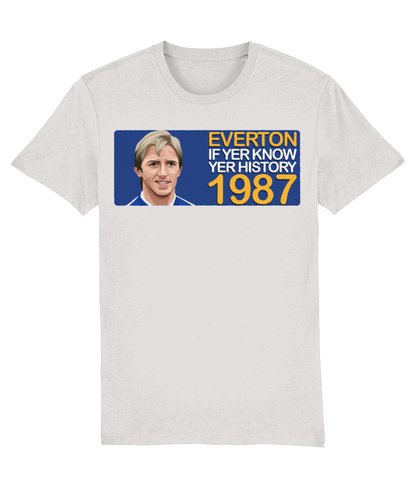 Everton 1987 Gary Stevens If Yer Know Yer History Unisex T-Shirt Stanley/Stella Retrotext Cream Heather Grey XX-Small 