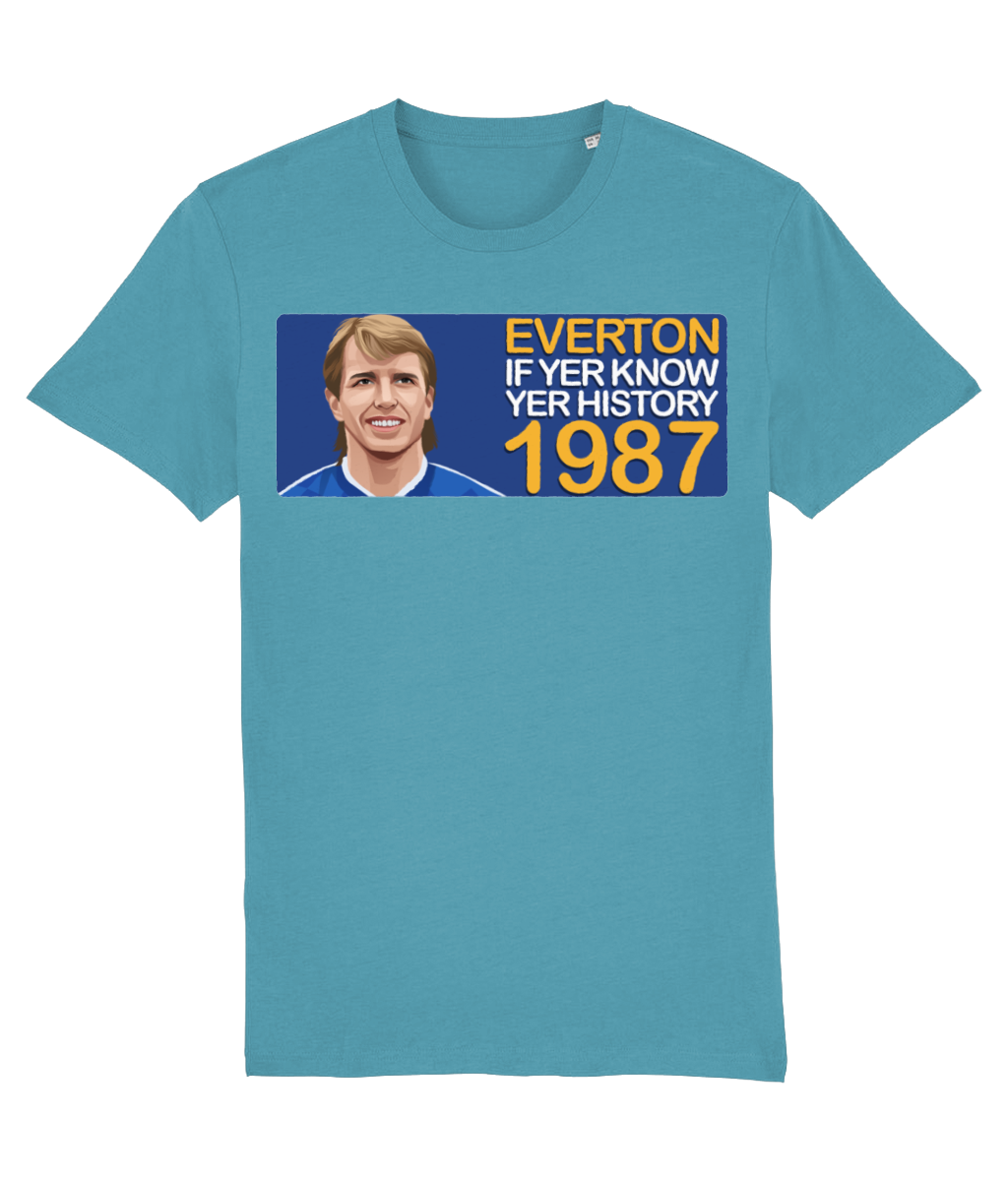 Everton 1987 Trevor Steven If Yer Know Yer History Unisex T-Shirt Stanley/Stella Retrotext Atlantic Blue XX-Small 