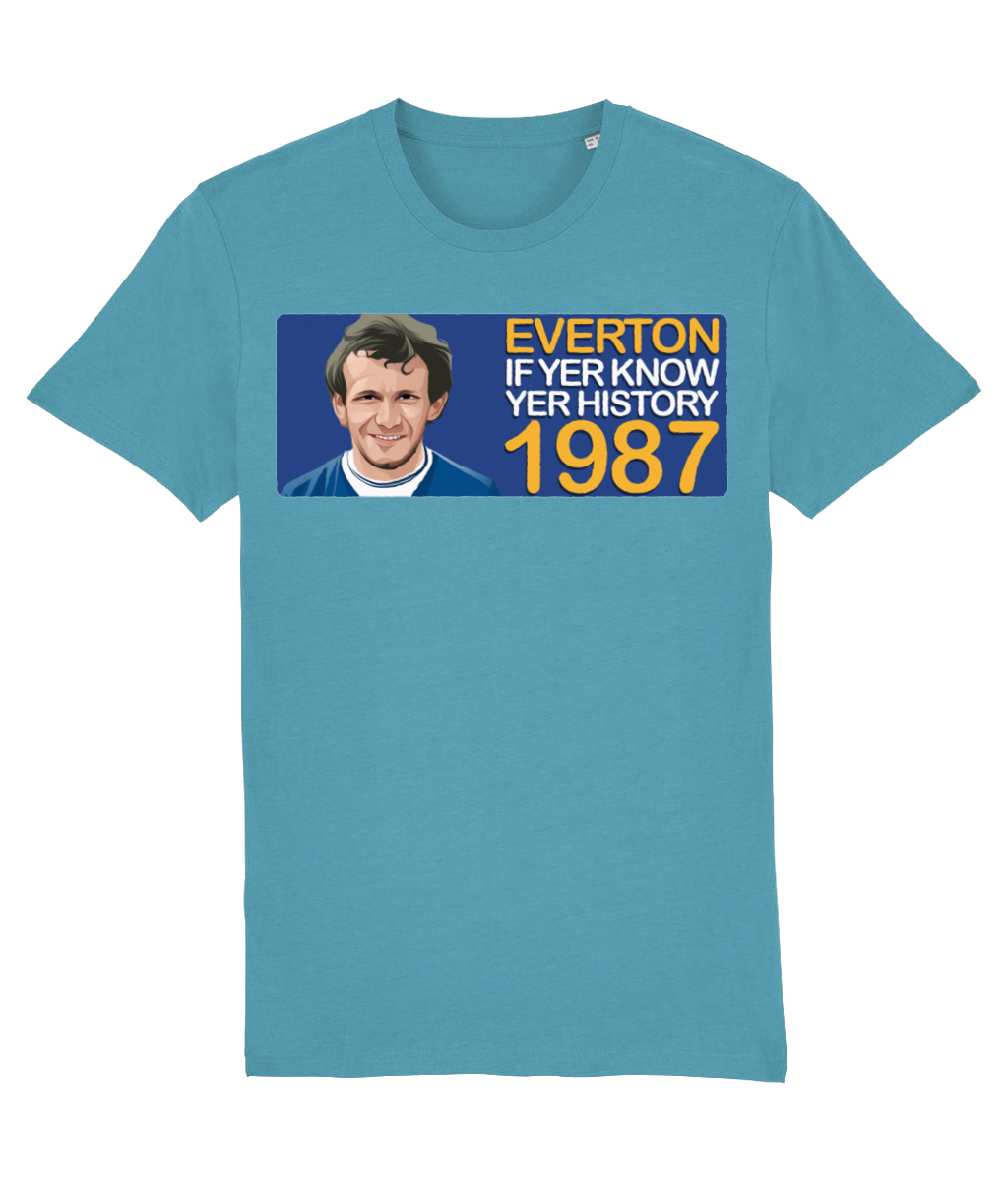 Everton 1987 Peter Reid If Yer Know Yer History Unisex T-Shirt Stanley/Stella Retrotext Atlantic Blue XX-Small 