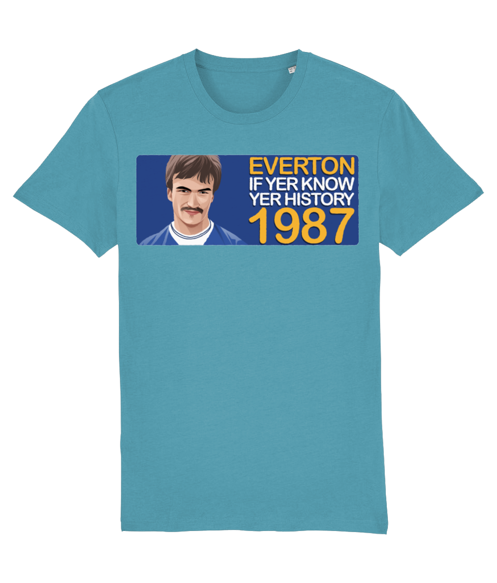 Everton 1987 Derek Mountfield If Yer Know Yer History Unisex T-Shirt Stanley/Stella Retrotext Atlantic Blue XX-Small 