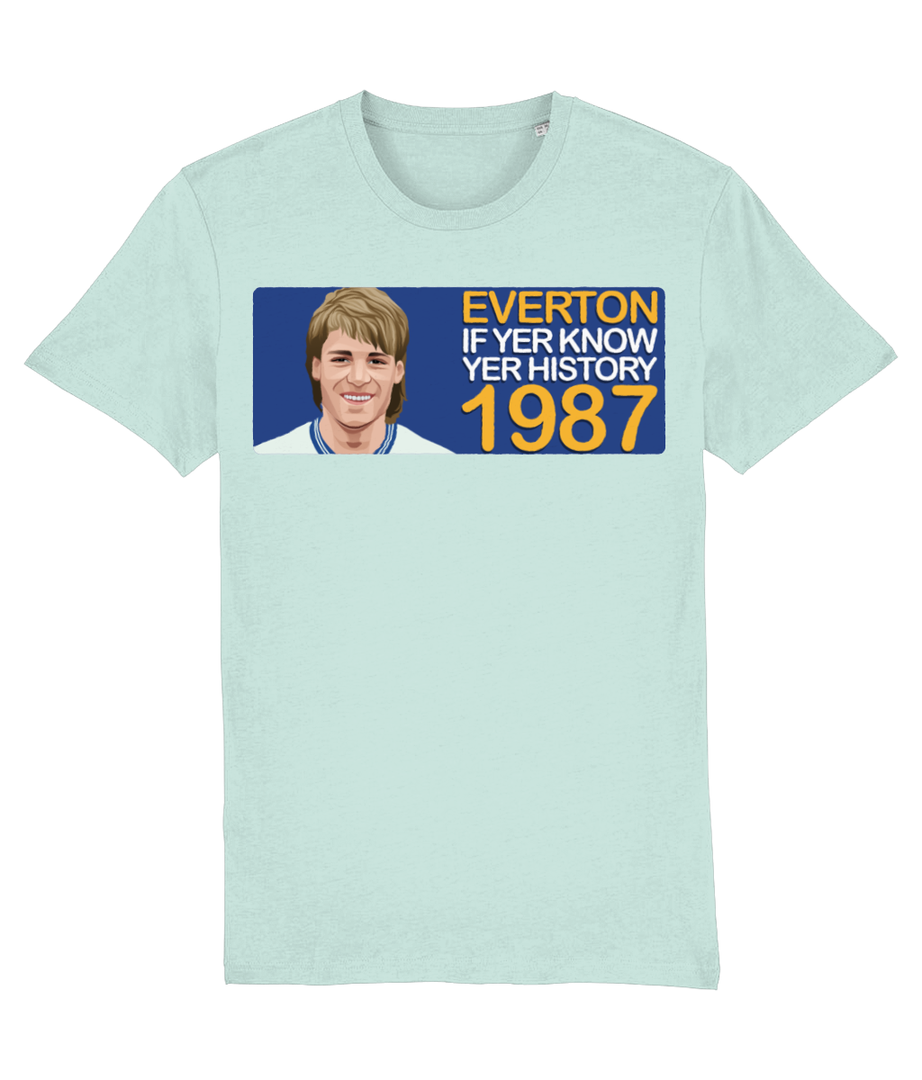 Everton 1987 Pat van den Hauwe If Yer Know Yer History Unisex T-Shirt Stanley/Stella Retrotext Caribbean Blue X-Small 