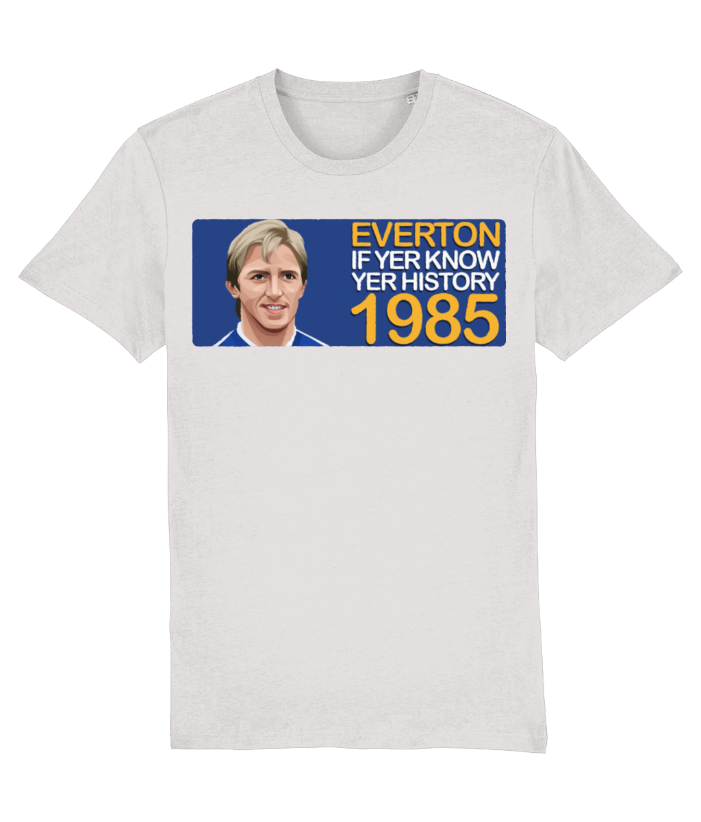 Everton 1985 Gary Stevens If Yer Know Yer History Unisex T-Shirt Stanley/Stella Retrotext Cream Heather Grey XX-Small 