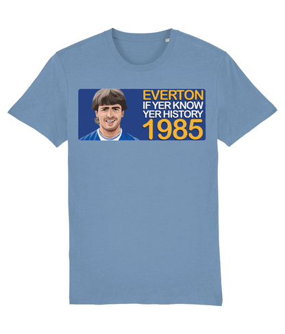 Everton 1985 Kevin Ratcliffe If Yer Know Yer History Unisex T-Shirt Stanley/Stella Retrotext Mid Heather Blue XX-Small 