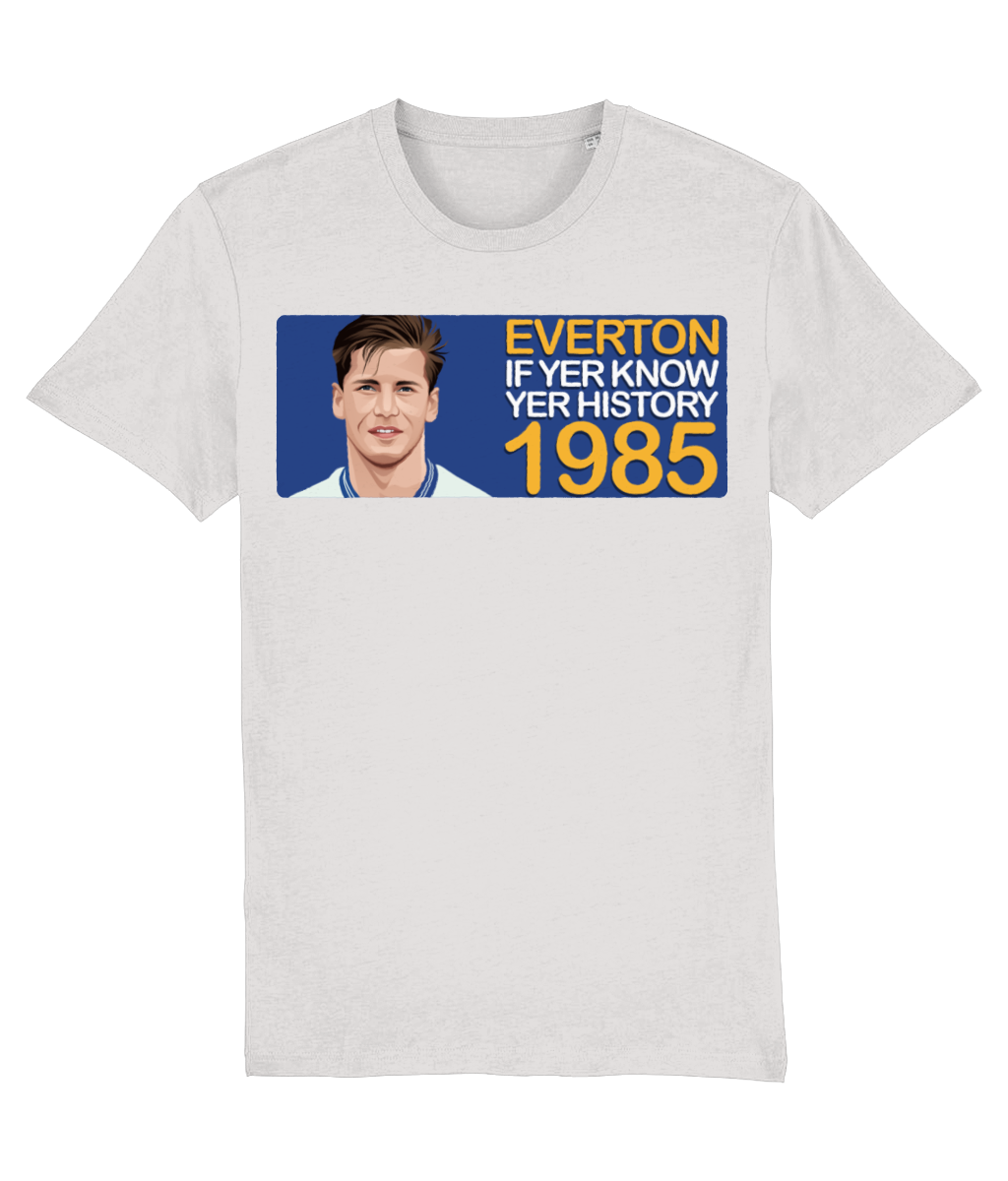 Everton 1985 Paul Bracewell If Yer Know Yer History Unisex T-Shirt Stanley/Stella Retrotext Cream Heather Grey XX-Small 