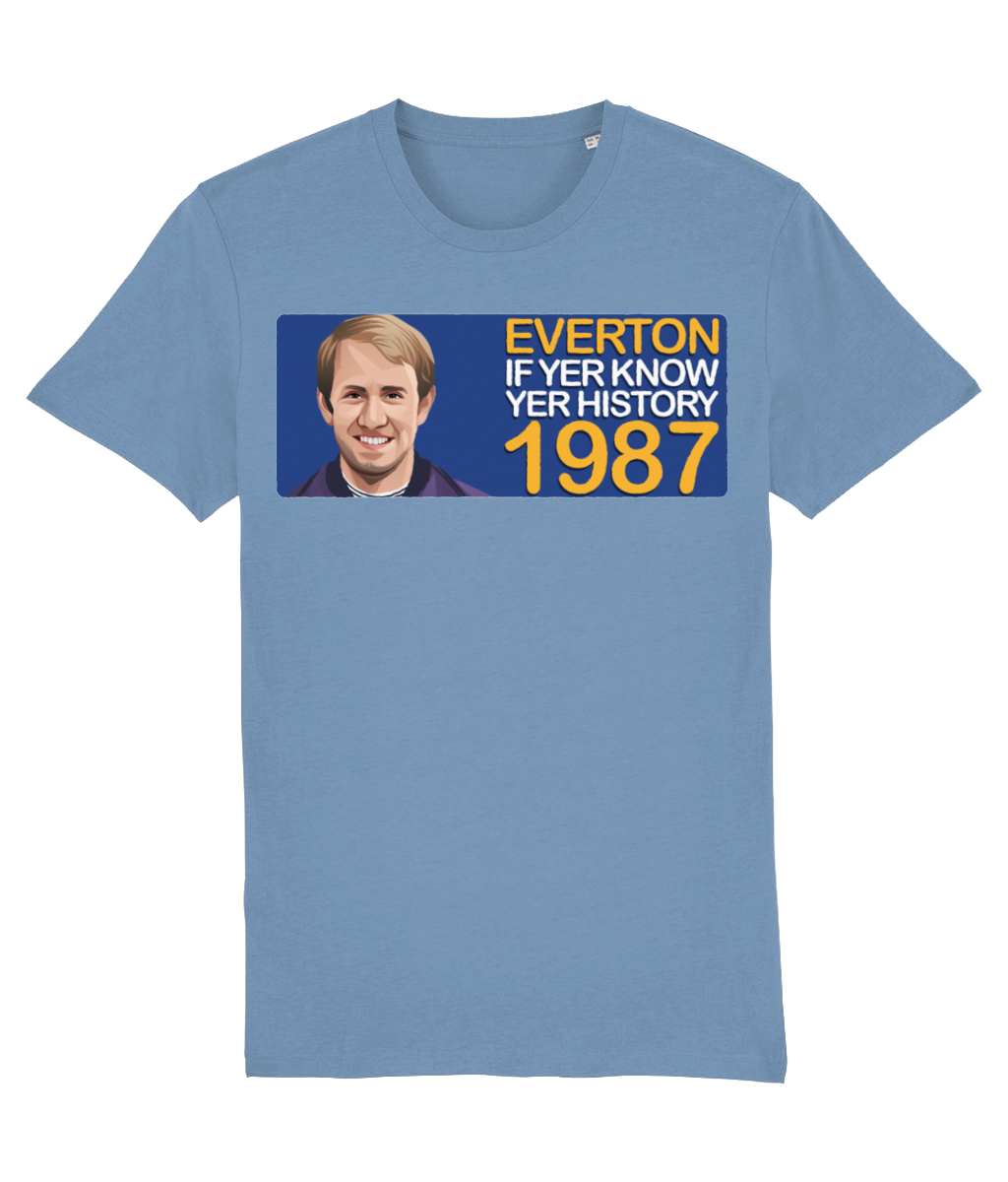 Everton 1987 Howard Kendall If Yer Know Yer History Unisex T-Shirt Stanley/Stella Retrotext Mid Heather Blue XX-Small 