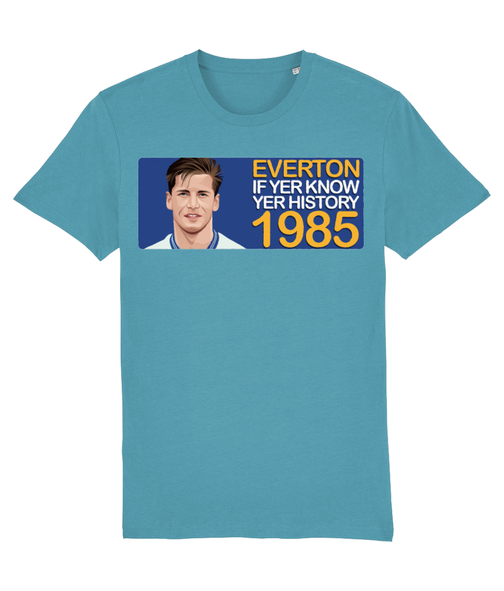 Everton 1985 Paul Bracewell If Yer Know Yer History Unisex T-Shirt Stanley/Stella Retrotext Atlantic Blue XX-Small 