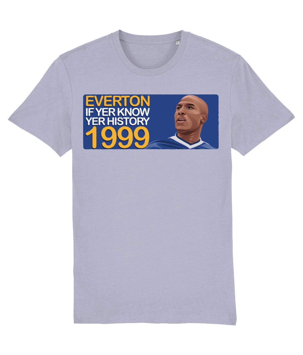 Everton 1999 Kevin Campbell If Yer Know Yer History Unisex T-Shirt Stanley/Stella Retrotext Lavender XX-Small 