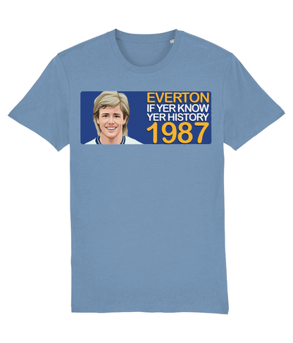 Everton 1987 Adrian Heath If Yer Know Yer History Unisex T-Shirt Stanley/Stella Retrotext Mid Heather Blue XX-Small 