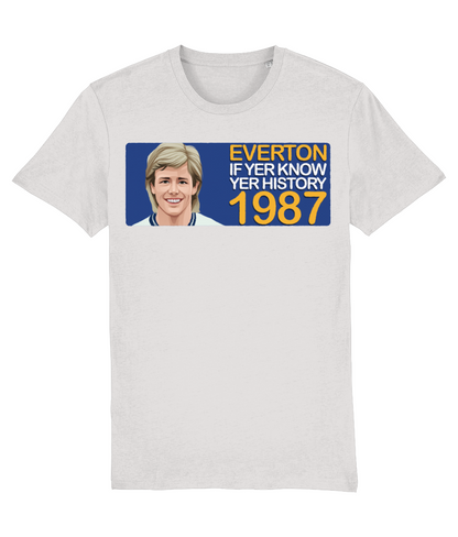 Everton 1987 Adrian Heath If Yer Know Yer History Unisex T-Shirt Stanley/Stella Retrotext Cream Heather Grey XX-Small 