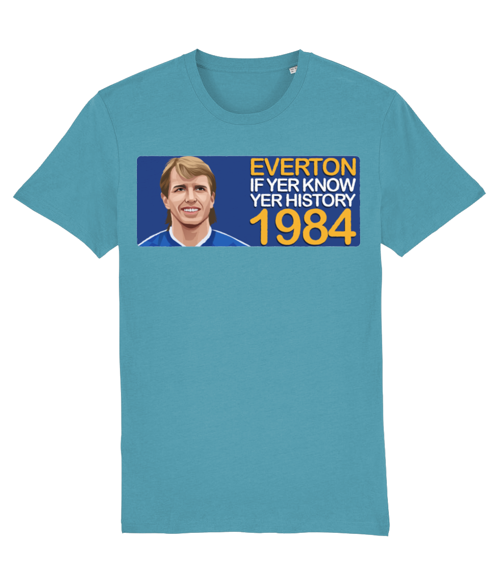 Everton 1984 Trevor Steven If Yer Know Yer History Unisex T-Shirt Stanley/Stella Retrotext Atlantic Blue XX-Small 
