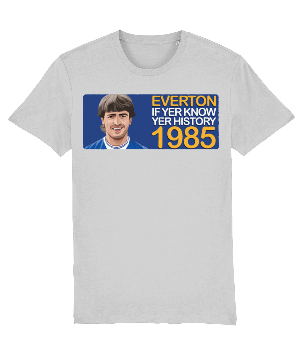 Everton 1985 Kevin Ratcliffe If Yer Know Yer History Unisex T-Shirt Stanley/Stella Retrotext Heather Grey XX-Small 