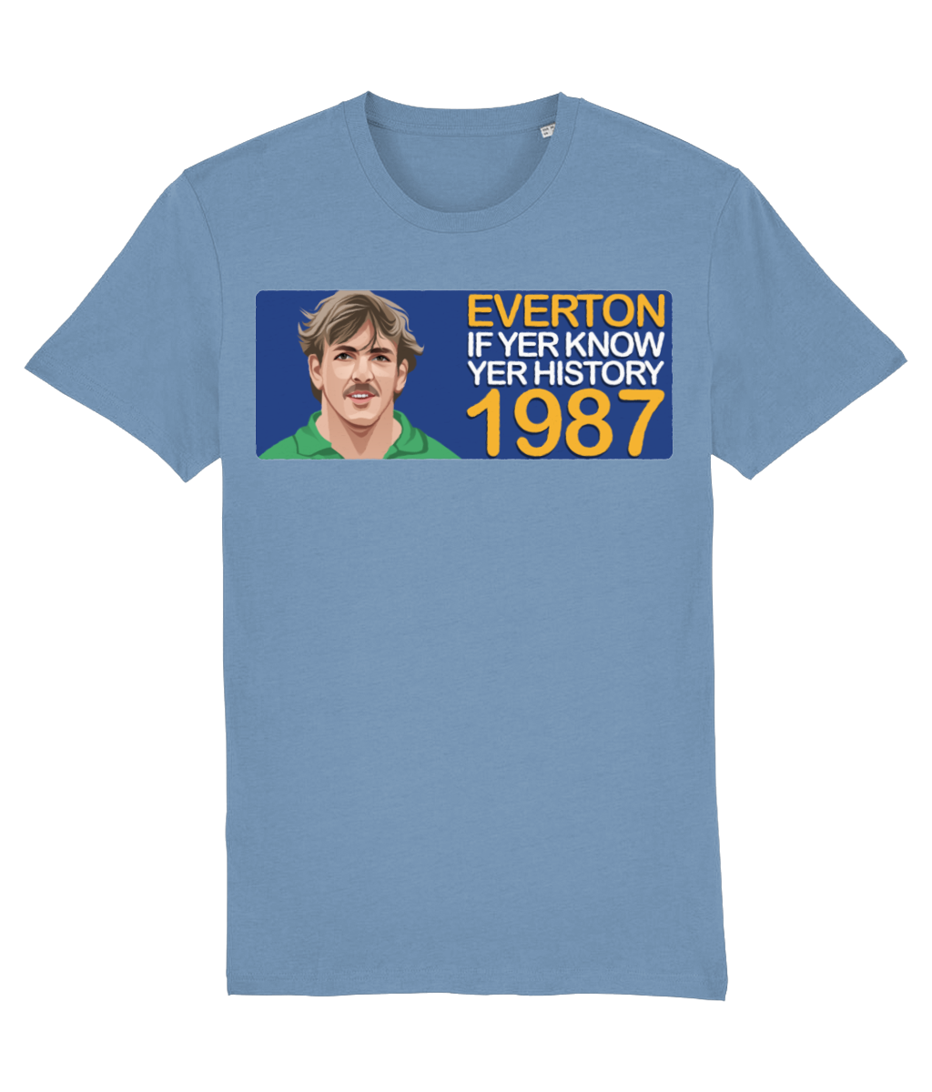 Everton 1987 Neville Southall If Yer Know Yer History Unisex T-Shirt Stanley/Stella Retrotext Mid Heather Blue XX-Small 