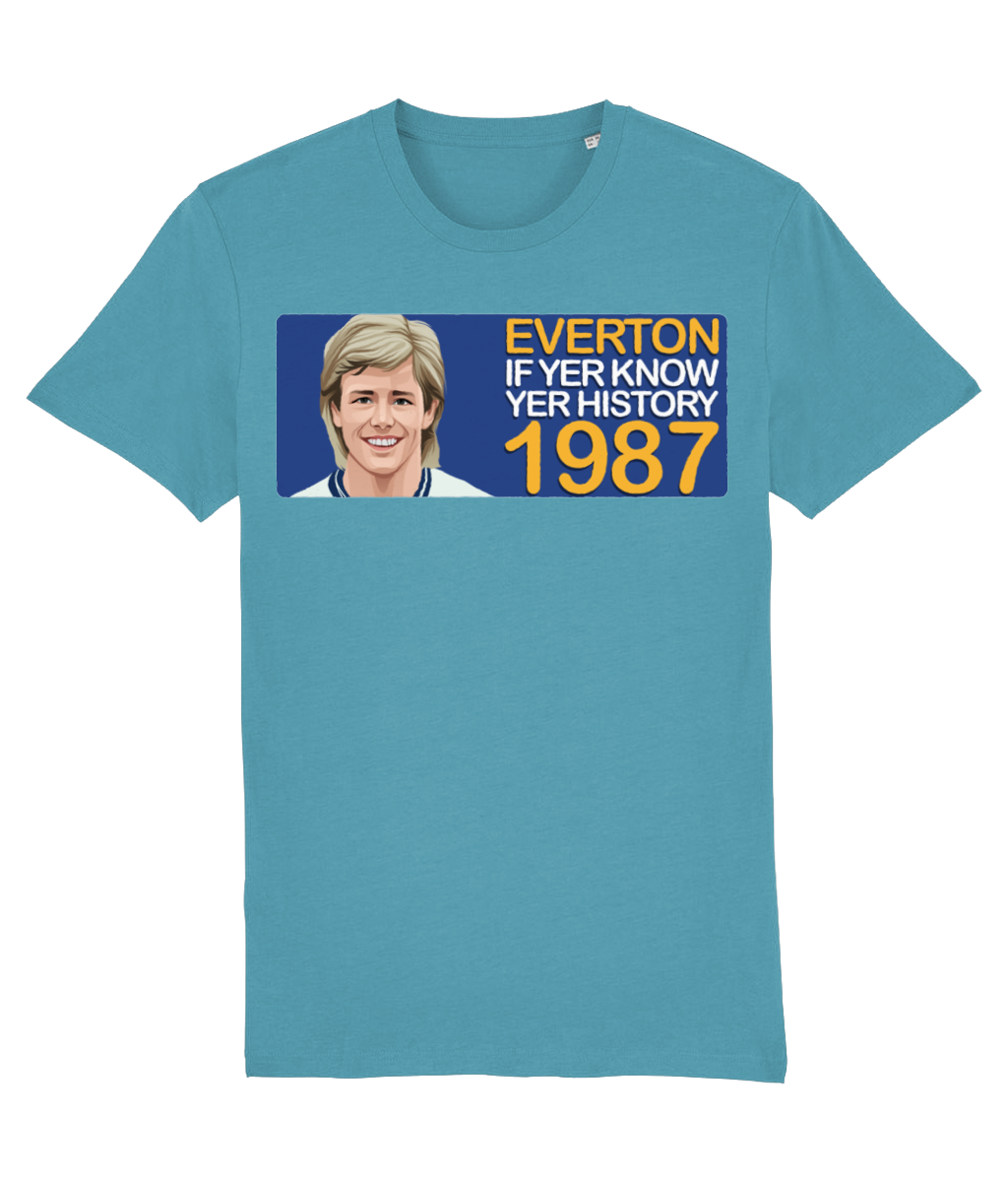 Everton 1987 Adrian Heath If Yer Know Yer History Unisex T-Shirt Stanley/Stella Retrotext Atlantic Blue XX-Small 