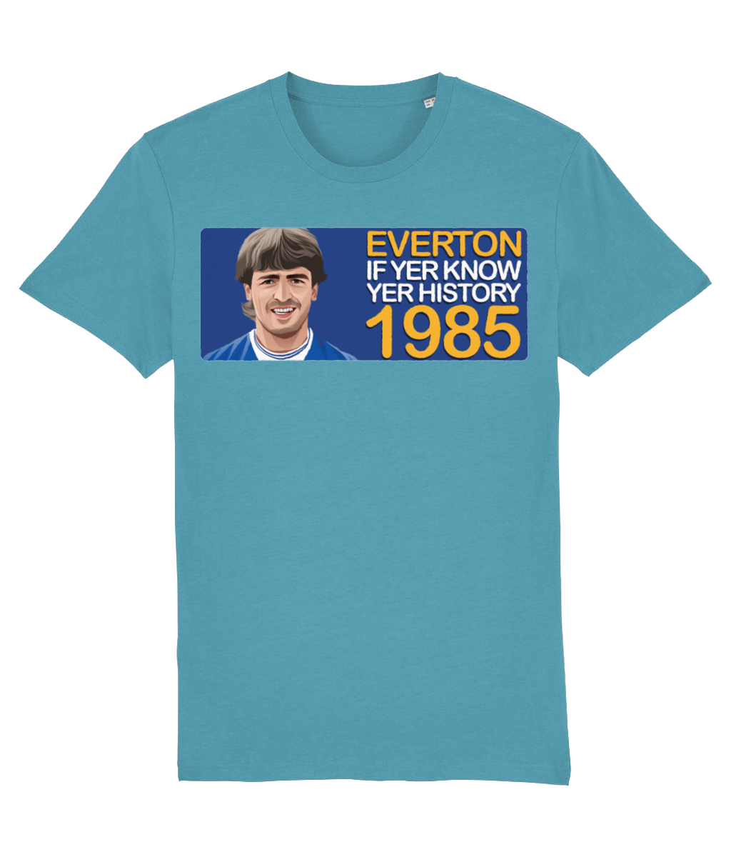 Everton 1985 Kevin Ratcliffe If Yer Know Yer History Unisex T-Shirt Stanley/Stella Retrotext Atlantic Blue XX-Small 