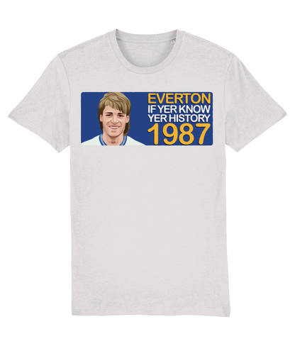 Everton 1987 Pat van den Hauwe If Yer Know Yer History Unisex T-Shirt Stanley/Stella Retrotext Cream Heather Grey XX-Small 