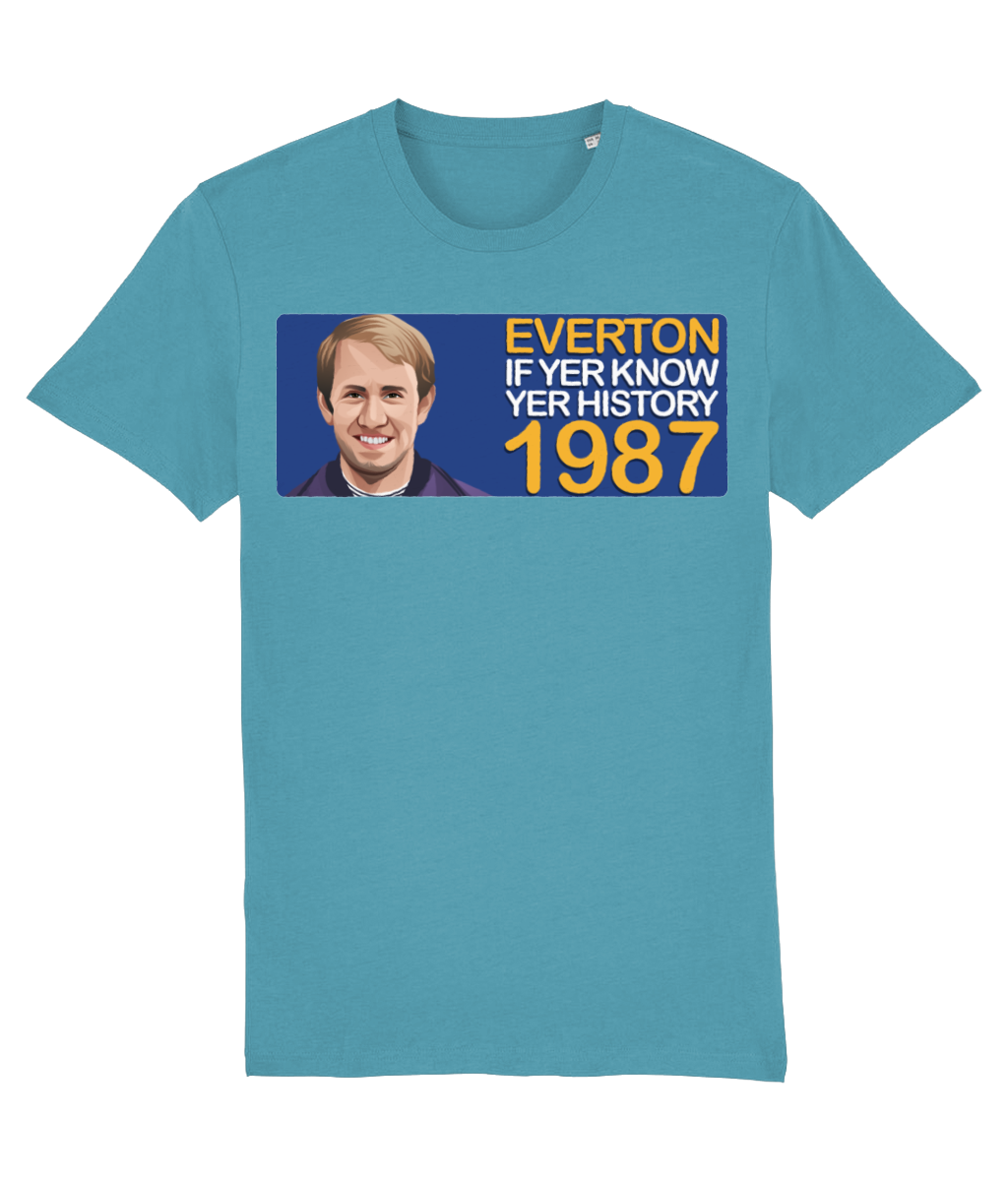 Everton 1987 Howard Kendall If Yer Know Yer History Unisex T-Shirt Stanley/Stella Retrotext Atlantic Blue XX-Small 