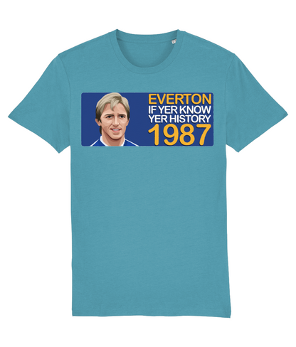 Everton 1987 Gary Stevens If Yer Know Yer History Unisex T-Shirt Stanley/Stella Retrotext Atlantic Blue XX-Small 