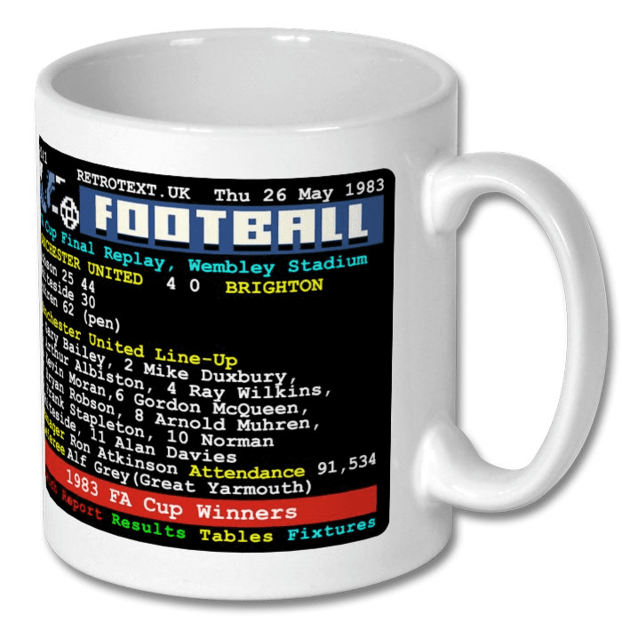 Manchester United 1983 FA Cup Winners Bryan Robson Teletext Mug Ceramic 11oz mug Retrotext   