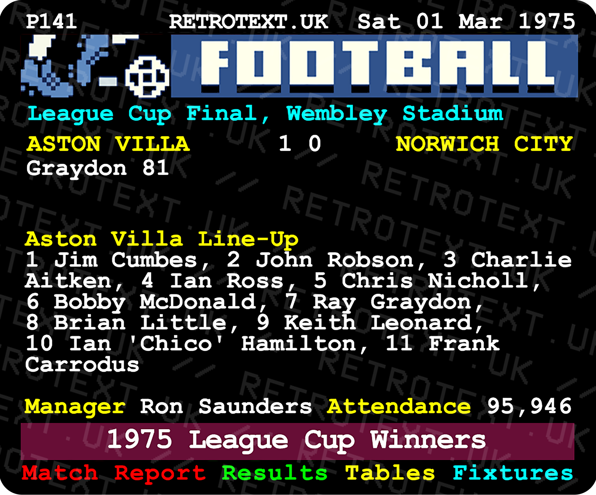 Aston Villa 1975 League Cup Winners Teletext Mug Ceramic 11oz mug Retrotext   
