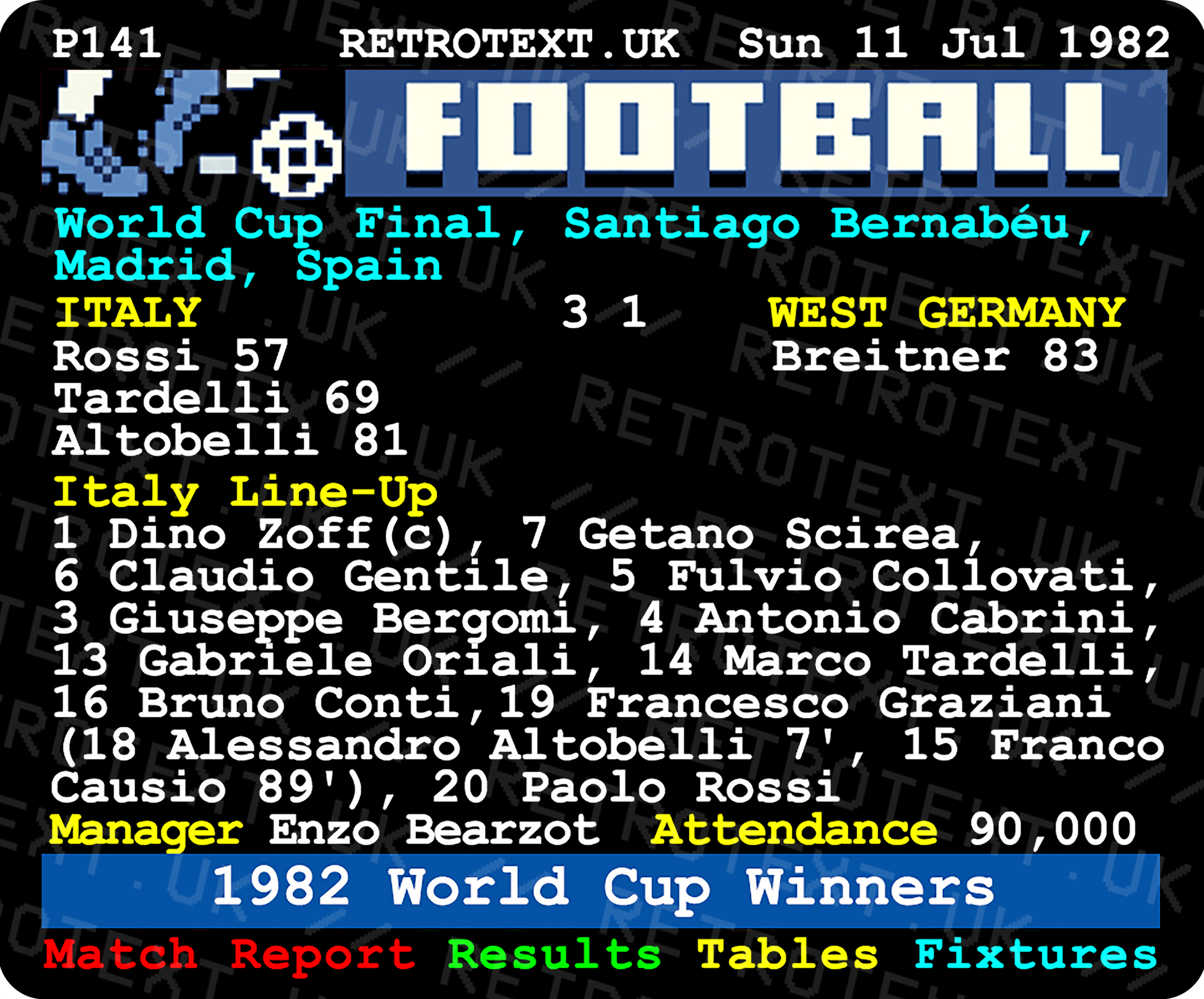 Italy 1982 World Cup Winners Teletext Mug Ceramic 11oz mug Retrotext   