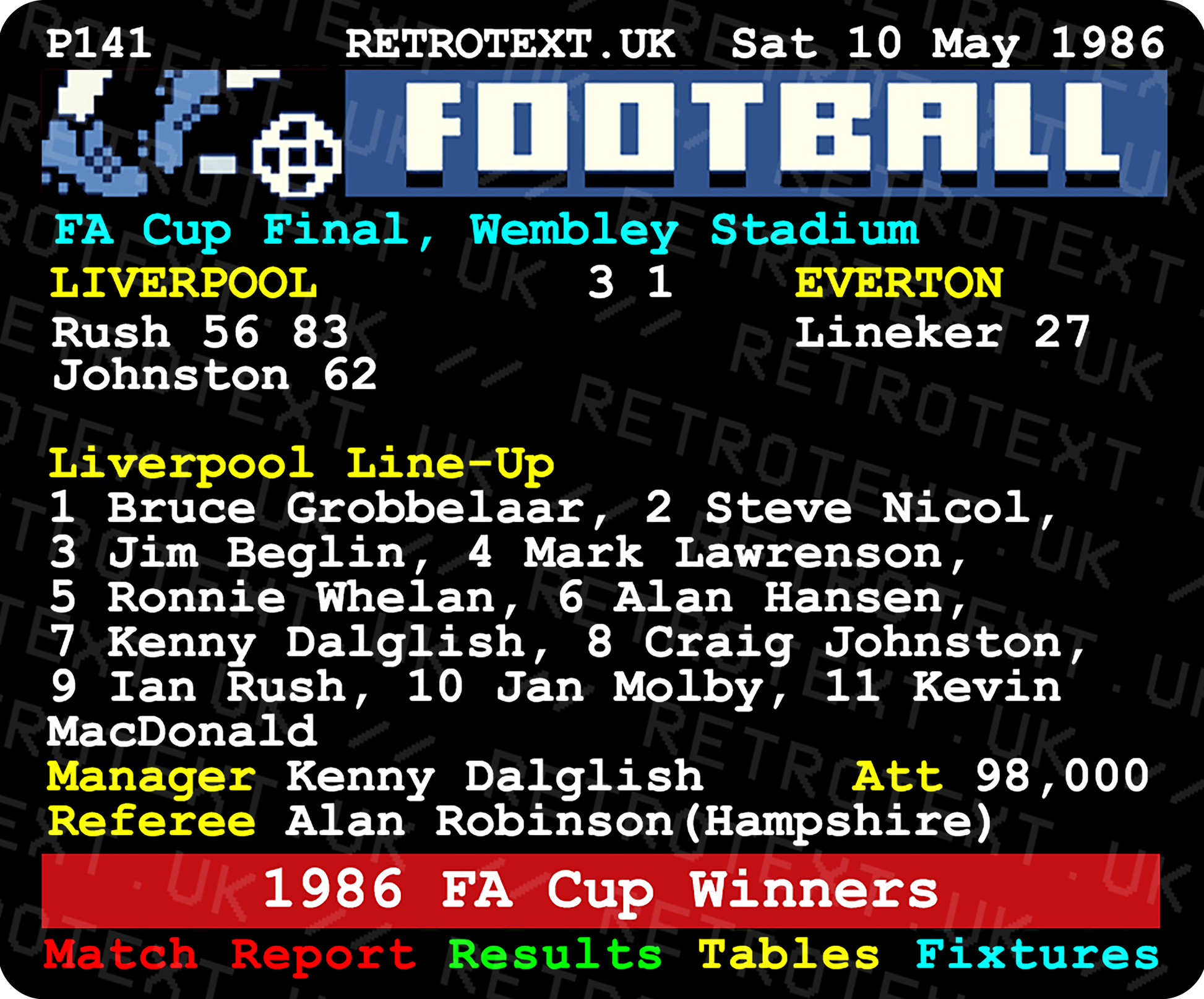 Liverpool 1986 FA Cup Winners Kenny Dalglish Teletext Mug Ceramic 11oz mug Retrotext   