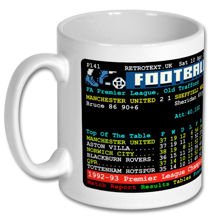 Manchester United 1993 Premier League Champions Steve Bruce Teletext Mug Ceramic 11oz mug Retrotext   