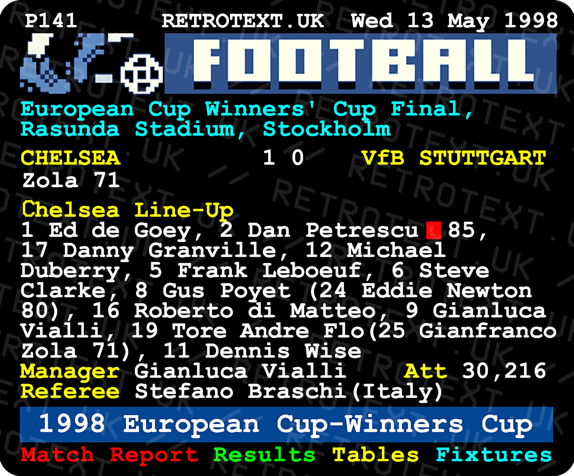 Chelsea 1998 European Cup-Winners Cup Final Teletext Mug Ceramic 11oz mug Retrotext   