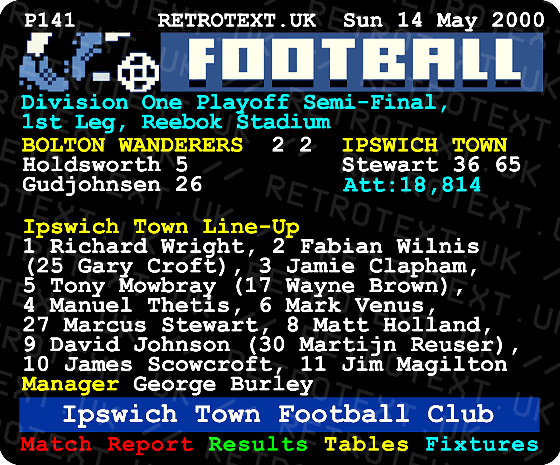 Ipswich Town 2000 Division One Playoff Semi-Final Teletext Mug Ceramic 11oz mug Retrotext   