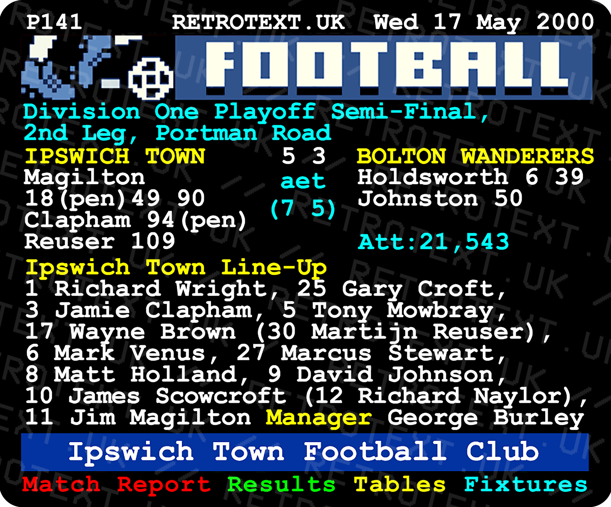 Ipswich Town 2000 Division One Playoff Semi-Final Teletext Mug Ceramic 11oz mug Retrotext   