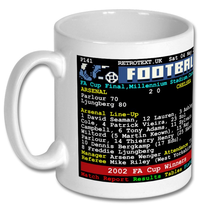 Arsenal 2002 FA Cup Winners Arsene Wenger Teletext Mug Ceramic 11oz mug Retrotext   