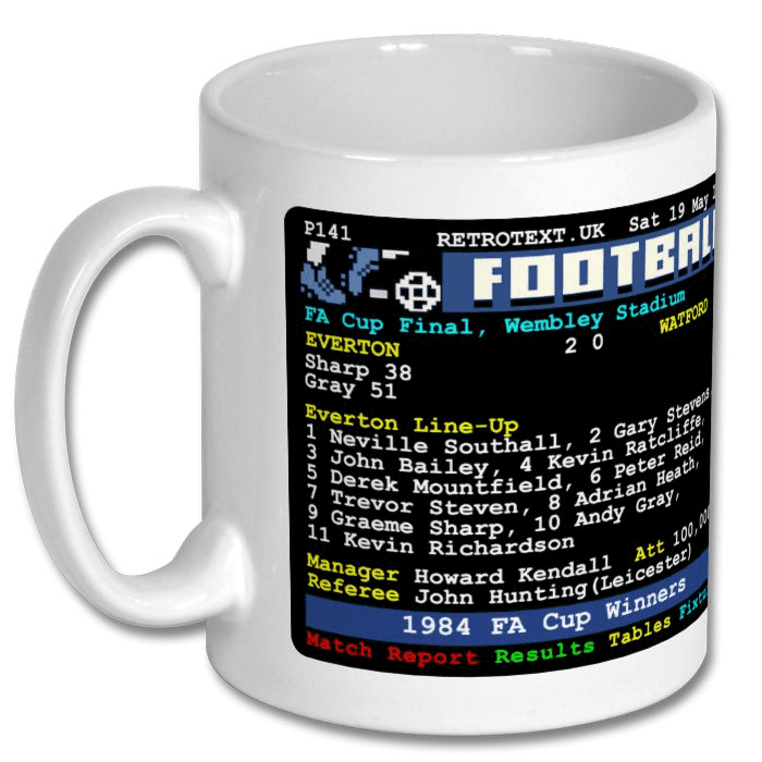 Everton 1984 FA Cup Winners Teletext Mug with Player Choice Ceramic 10oz mug Retrotext   