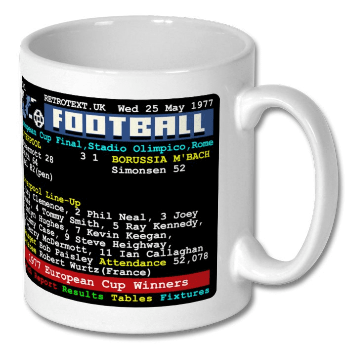 Liverpool 1977 European Cup Winners Bob Paisley Teletext Mug Ceramic 11oz mug Retrotext   