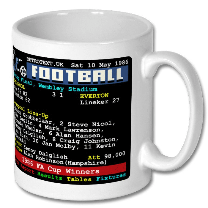 Liverpool 1986 FA Cup Winners Kenny Dalglish Teletext Mug Ceramic 11oz mug Retrotext   