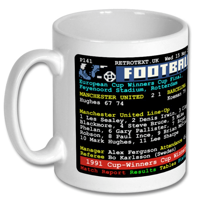 Manchester United 1991 European Cup-Winners Cup Winners Mark Hughes Teletext Mug Ceramic 11oz mug Retrotext   