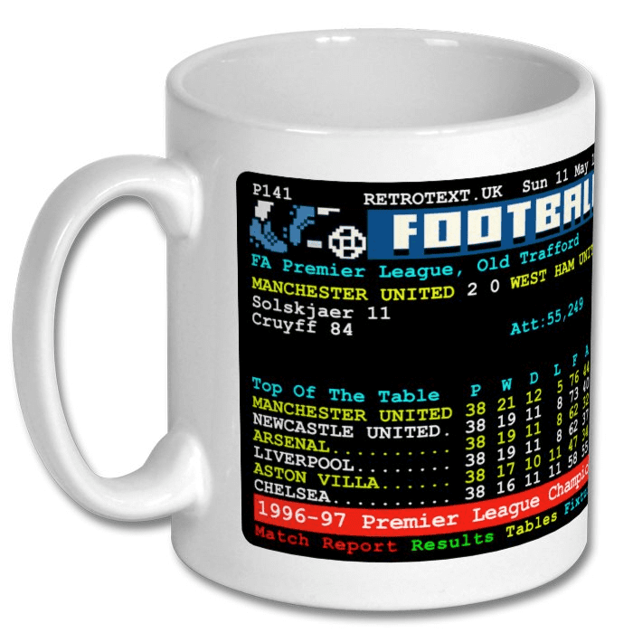 Manchester United 1997 Premier League Champions Alex Ferguson Teletext Mug Ceramic 11oz mug Retrotext   